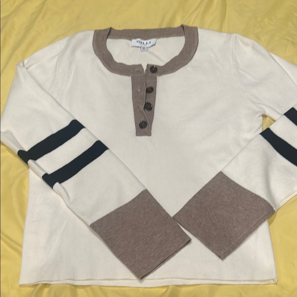 GILLI medium  Cream and Tan Henley with Black Stripes